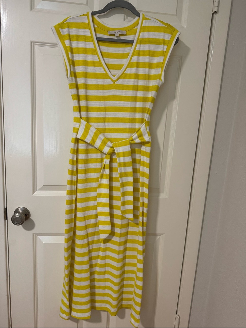 LOFT Yellow and White Striped V-Neck Tie-Waist Maxi Dress
